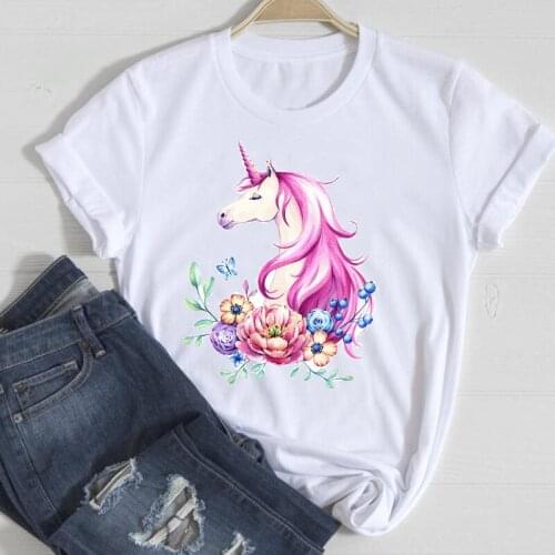 T-shirts Women Cartoon Flower Unicorn Watercolor 2021 Spring Summer Clothes Stylish Tshirt Top Lady Print Sexy Tee T-Shirt