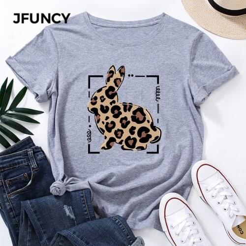 JFUNCY Plus Size Cotton T-Shirt Women T Shirt Leopard Rabbit Print Short Sleeve Woman Shirts Female Casual Summer Graphic Tees