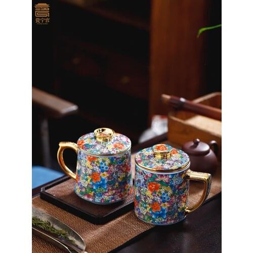 Jingdezhen Ceramic Cup Tea Water Separation Cup Household Tea Strainer Chinese Large Capacity Enamel Office Cup with Lid
