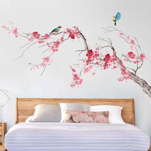 Chinese Peach Blossom Flower Wall Sticker Teenager Room Decoration Aesthetic Girl Room Self Adhesive Wallpaper Vintage Poster