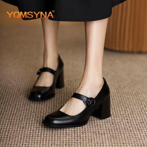 YQMSY Classics Womens Pumps Genuine Leather Square Heel Round Toe Buckle Deep Mouth Pumps Office Profession Ladies Shoes AS66
