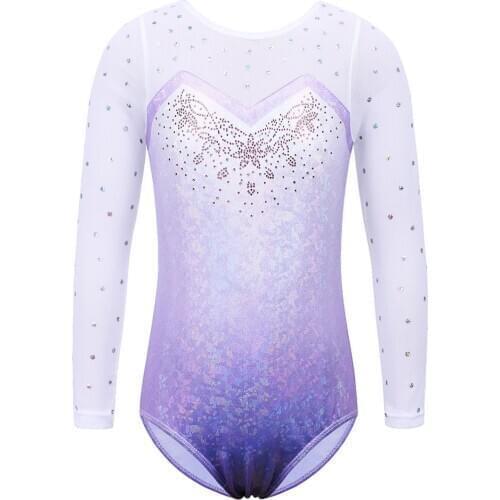 BAOHULU Long Sleeve Mesh Patchwork Leotards for Girls Toddler Kids Diamond Gymnastics Jumpsuit Bodysuit Teens Gymnastics Clothes