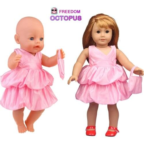 Cute Pink Puff Skirt For 18" American Doll Double Princess Dress+Bag Set Accessories For 43cm New Bebe Born And OG,DIY GIrl Doll
