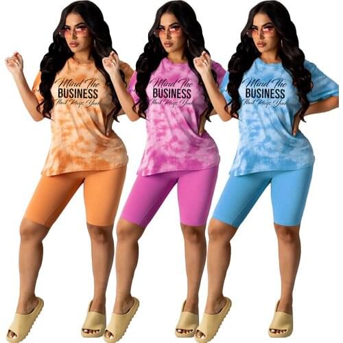 Fashion Casual 2 Piece Sets Womens Outfits Tie Dye Letter Printing Round Neck Half Sleeve Top Slim Pants Summer Clothing Custom