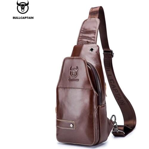 BULLCAPTAIN mens leather chest bag casual messenger bag fashion mens chest bag large capacity business bag