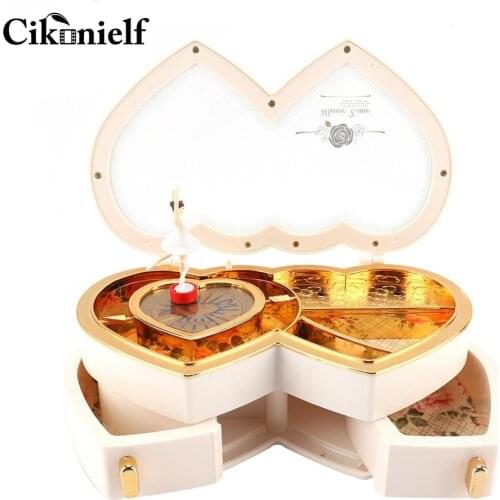 Pink White Music Box Double Heart Ballerina Musical Jewelry Box Storage Case for Little Girls