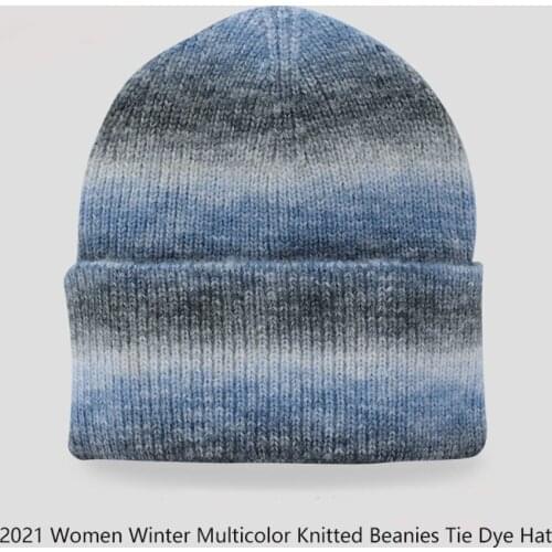 2021 NEW Tie-dye Winter Beanie Hat for Women Cashmere Knitted Beanie Hat Colorful Skullies Cap Autumn Fur Hats
