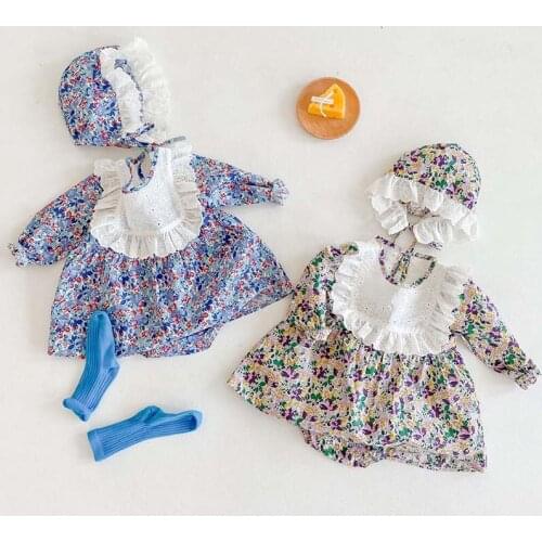 New Baby Girls Floral Bodysuit Autumn Long Sleeve Newborn Baby Girls Jumpsuit With Hat Toddler Baby Girls One-piece Dress Outfit