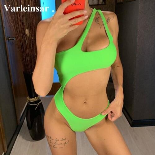 New Neon Green Pink 2021 Sexy One Shoulder One Piece Swimsuit Women Swimwear Female Bather Bathing Suit Swim Monokini Lady V845G