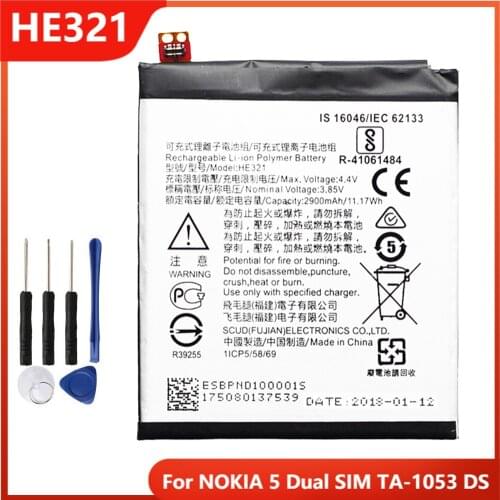 Original HE321 Phone Battery For NOKIA 5 NOKIA5 Dual SIM TA-1053 DS HE321 Replacement Rechargable Batteries 2900mAh