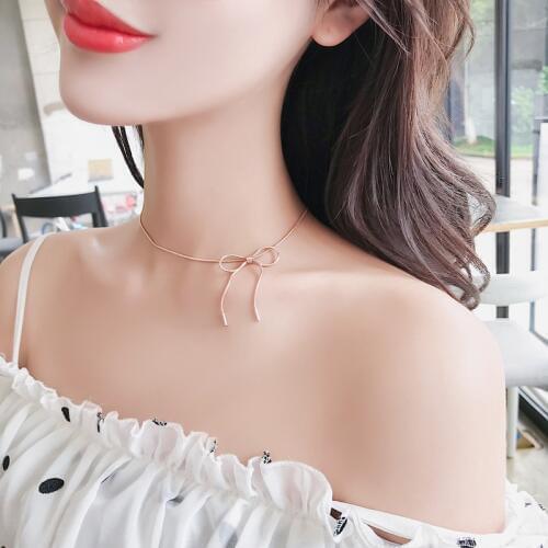 YUN RUO 2019 Hot Rose Gold Color Elegant Bowknot Choker Necklace Snake Chian Fashion Titanium Steel Woman Jewelry Never Fade