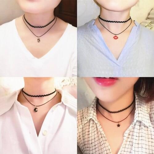 Hot Punk Gothic Double Layer Black Wave Leather Rope Moon Star 5 Word Lips Pendant Necklace For Women Jewelry Choker Collier