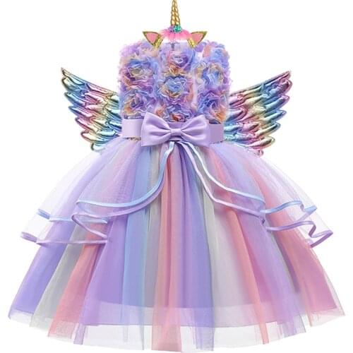2021 3Pcs Baby Girls Dress Pastel Rainbow Princess For Summer Kids Birthday Party Dress Unicorn Cosplay Perform Children Costume