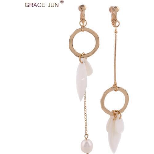 Grace Jun 2018 New Style Natrual Stone Shell Simulated Pearl Crystal Rhinestone Clip on Earrings Non Percing Charm Long Earrings