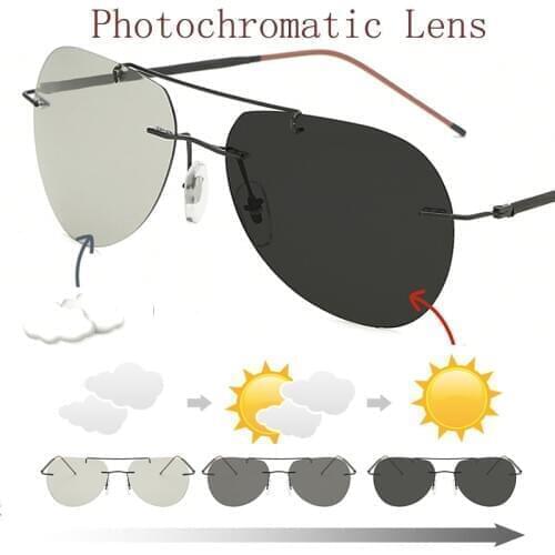Mens Rimless Ultra Light Hingeless Titanium Polarized Photochromic Sunglasses Womens Outdoor Driving Transition Chameleon Lens