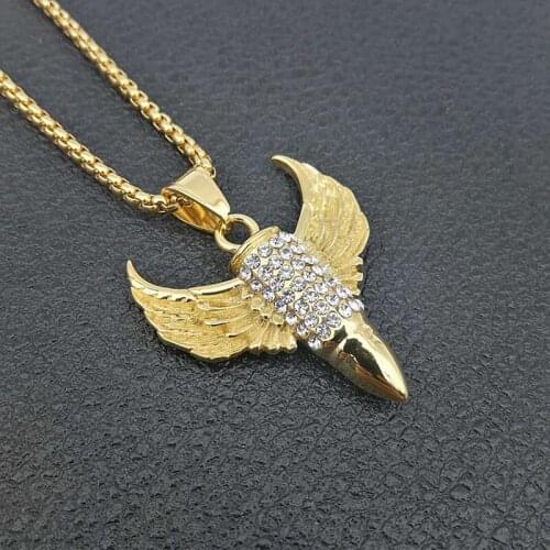 Hip Hop Rhinestones Paved Bling Iced Out Stainless Steel Flying Wing Bullet Pendants Necklaces for Men Rapper Jewelry