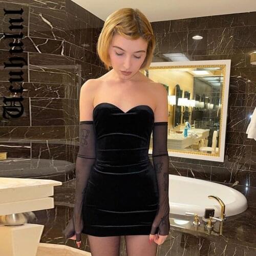 Ucuhulnl Elegant Gothic E-Girl Velvet Mini Dresses Mall Goth Vintage Black Women Strapless Pencil Dress Sexy Bodycon Partywear