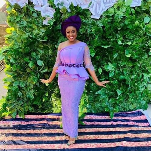 Evening Dress Lace Sleeve Illusion Long Evening Dresses Lilac Beaded robe de soiree Peplum Nigerian Party Dress Sheer