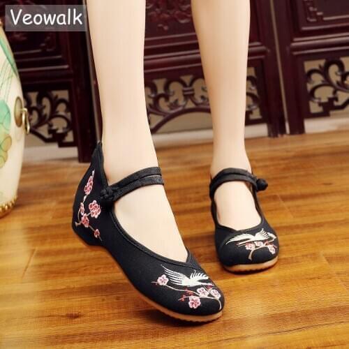 Veowalk Vintage Crane Embroidered Womens Canvas Ballet Flats Ladies Casual Breathable Chinese Embroidery Buckle ballerina Shoes
