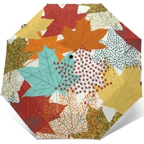 Wind Resistant Fully-Automatic Umbrella Fall Maple Leaves Colorful Rain 3 Folding Parasol Travel Car Umbrella