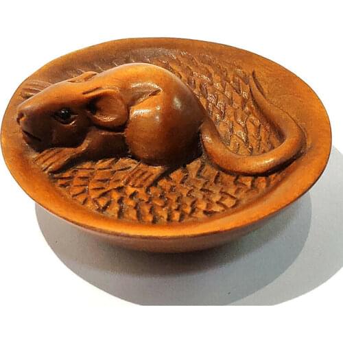 Y7515 - 2" Hand Carved Japanese Boxwood Netsuke Figurine Carving : Mouse on Bowl