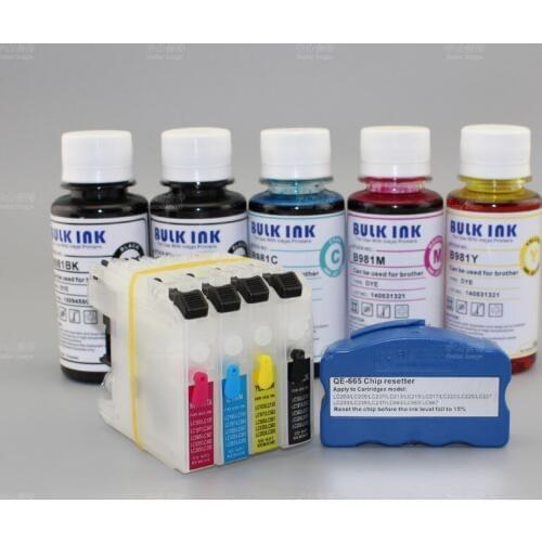 Refill ink+Chip resetter+ LC123 LC127 LC125 Empty Refillable Inkjet Cartridge WITHOUT CHIPS for DCP-J4110DW MFC-J4410DW etc