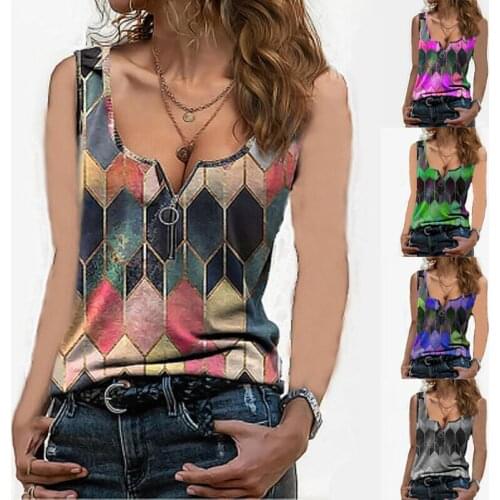 Casual Vintage Vest Tops Womens Summer Sleeveless Fashion Blouse Geometric Print Zip Crew Neck T-Shirt