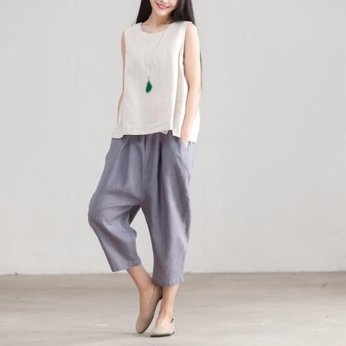Women Summer Solid Color Linen Pants Ladies Loose calf Length Elatic Waist Retro Vintage Trousers Female Loose Pants 2021