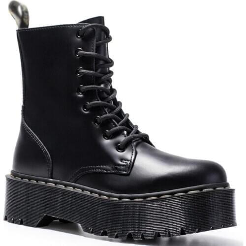 Women Winter Boots Genuine Leather Platform Boots Black Martens Ankle Boots Motorcycle Thick Heel Platform Boots Booties Heels