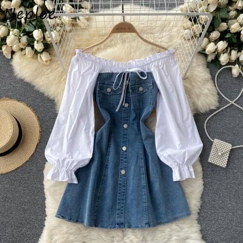 Neploe Ladies Puff Long Sleeve Slash Neck Female Robe Denim Patchwork Fake-two-piece Ruffles Dress Women Button A-line Vestidos