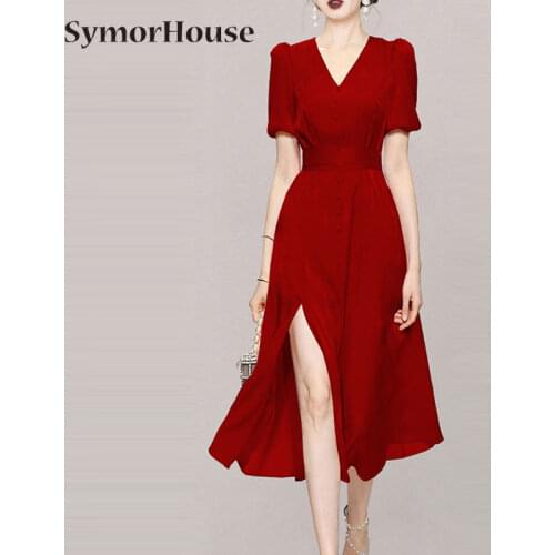 Vintage Elegant V-neck Mesh Single-breasted Sexy Split Vestidos New 2021 Summer A-Line Business Women Party Dress Autumn