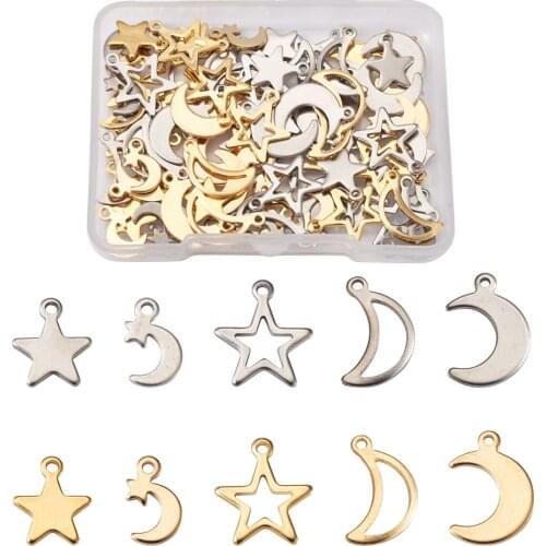 40pcs/box 304 Stainless Steel Star & Crescent Moon Charms Pendants Mix Color for jewelry making DIY Decor Accessories