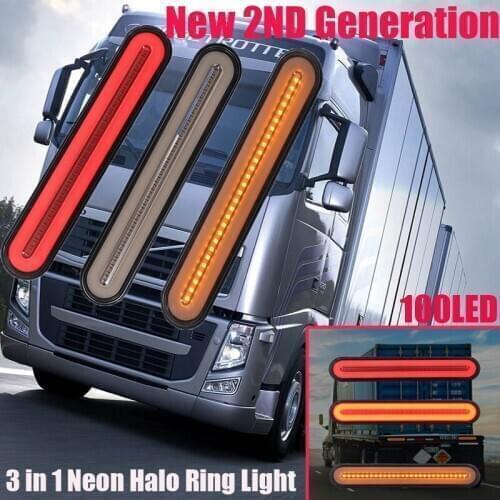 2PCS New Generation 100LED Trailer Truck Brake Light 3 in1 Neon Halo Ring Tail Brake Stop Turn Light Sequential Flowing Signal