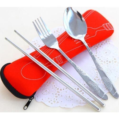3 Pcs Portable Fork Spoon Chopsticks Stainless Steel Cutlery Set Picnic Travel Tableware