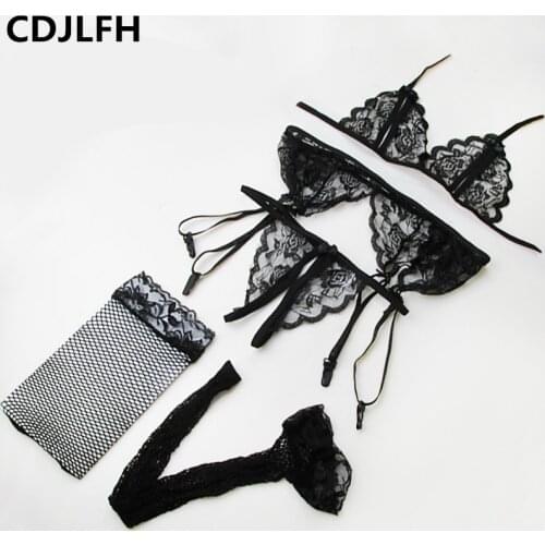 4pcs Sexy Lingerie Set Temptation Erotic Women Underwear Set Bra & G-String & Net Socks & Sling Lace Push Up Transparent Bra Set