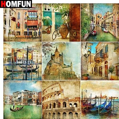 HOMFUN 5D Diamond Embroidery Needlework Kit "Boat lake street house" Diy Diamond Painting Cross Stitch Home Decoration Gift