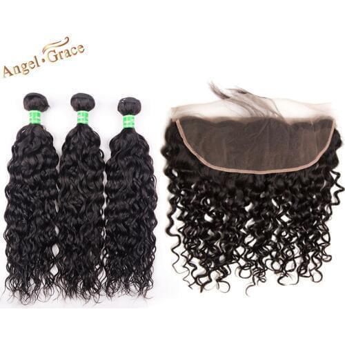 Angel Grace Hair Brazilian Water Wave Hair Bundles With Frontal Remy Human Hair Bundles With Brown/Transparent Lace Frontal 13x4