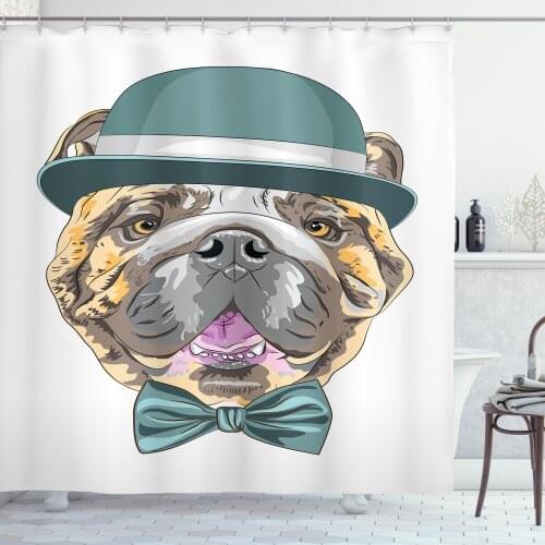 English Bulldog Hat Shower Curtain Set Gentleman Dog Bow Tie Curtain for Bathroom Decor 12 Hooks Decorative Bath Accessory