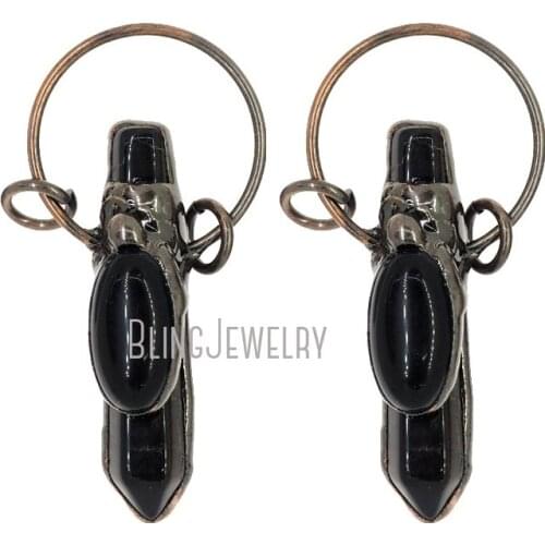 Rustic Copper Plated Black Onyx Point Pendant Fancy Hoop Bail Hoop Pendant with Fushia Carnelian Accent PM38133