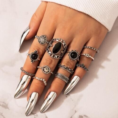 Docona Vintage Black Rhinestone WaterDrops Crystal Knuckle Midi Ring Set for Women Carving Geometric Ring 7012