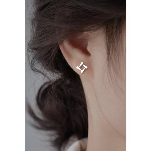 Geometric Simple Mini Small Hollow Square 925 Sterling Silver Stud Earrings For Women Korean Fashion Jewelry Gifts