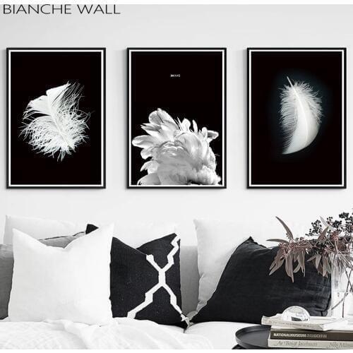 Feather Nordic Black and White Fine Canvas Art Poster Nordic Style Print Painting Abstract Wall Picture for Living Room Decor