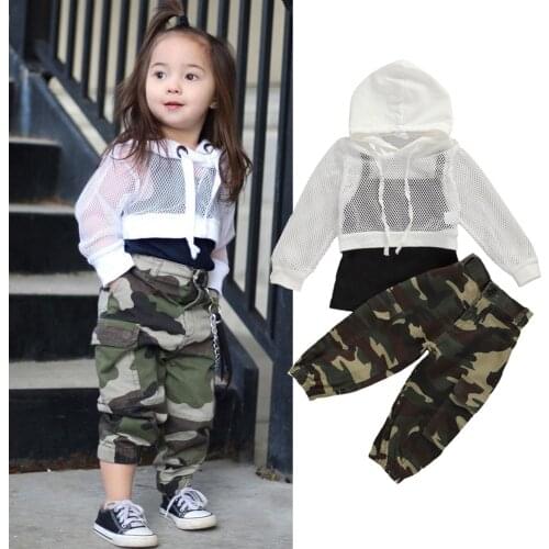 2020 Toddler Baby Girl Summer Clothes Cotton Sleeveless Tank Tops+Mesh Hoodied Hoodies+ Camouflage Pants Casual Outfits