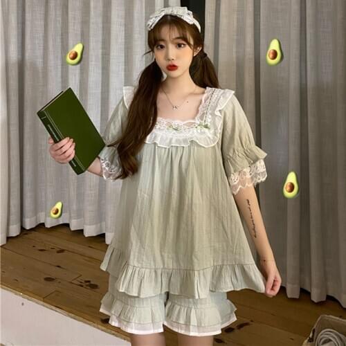 3pcs Summer Cute Lace Home Clothes Sweet Palace Style Square Collar Sleepwear Set Girls Kawaii Ruffles Pajama Sexy Headband S803