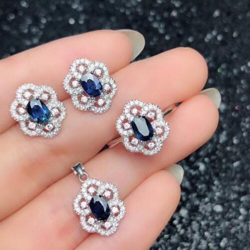 Natural sapphire suit, 925 silver, flower style, beautiful design, good wearing effect