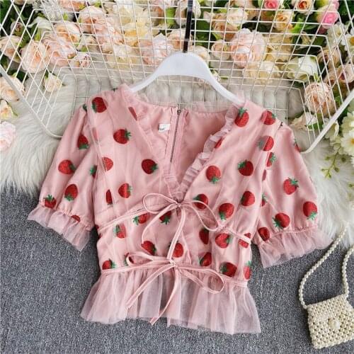 Summer Sexy V-Neck Strawberry Sequins Print Shirt Womens Puff Sleeve Mesh Blouse Ladies Tie Bow Ruffle Blouses Short Tops A2090