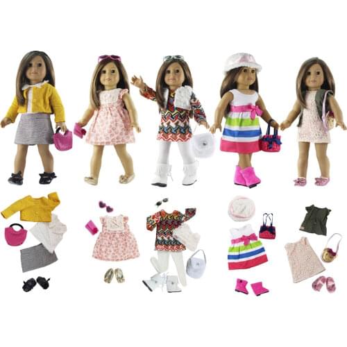 New 5 Set Doll Clothes+5 pairs Shoes+5 bags+2 pairs glasses for 18 inch American Doll Outfit