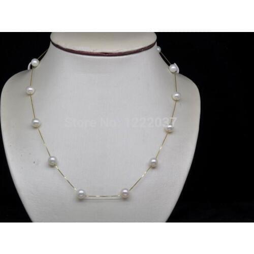 New 17"natural Highest 7-8MM Akoya White Round pearl AA Chain Tibetan silver