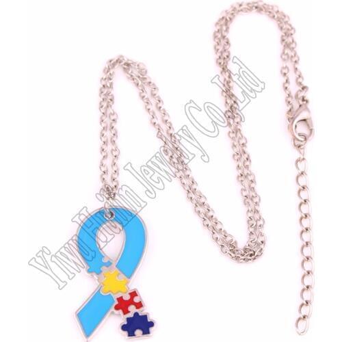 New Arrival Drop shipping Autism Hope rhodium plated Autism Awareness puzzle Piece Ribbon Pendant with Link chain necklace
