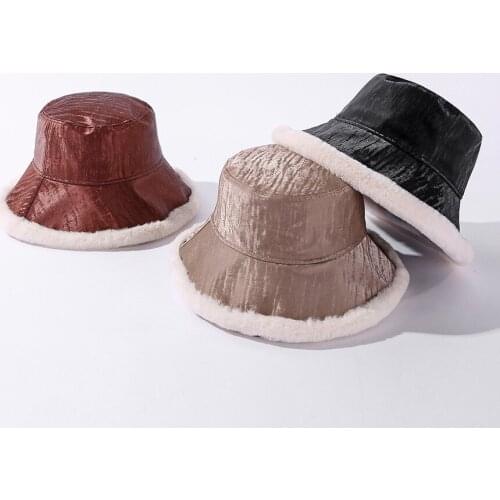 Bucket hat plus velvet панамы women winter warm plush side basin hat Plush leather solid color cute fisherman hat